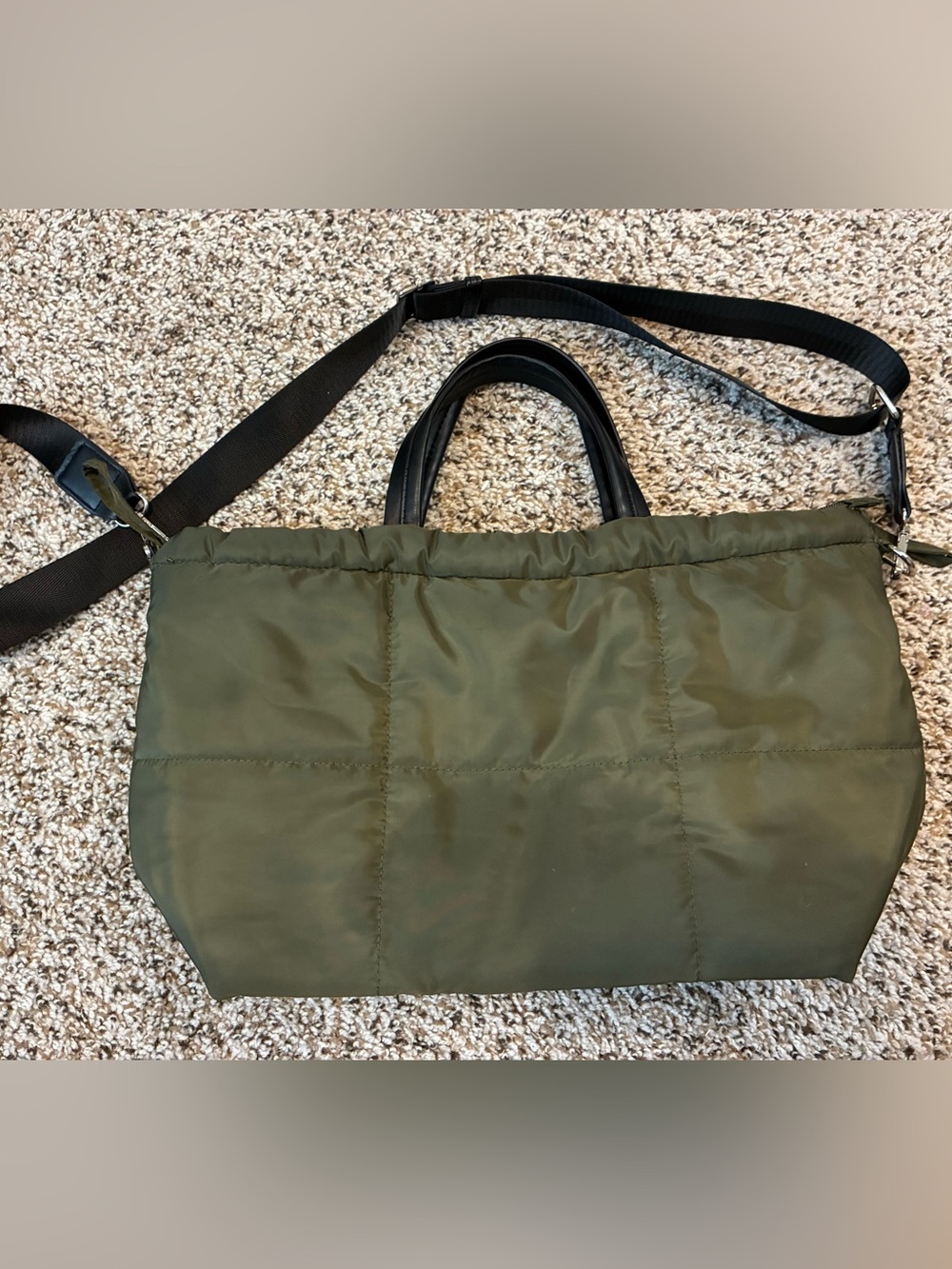 Quilted Puffer Tote Bag Olive green quilted nylon tote bag with black straps